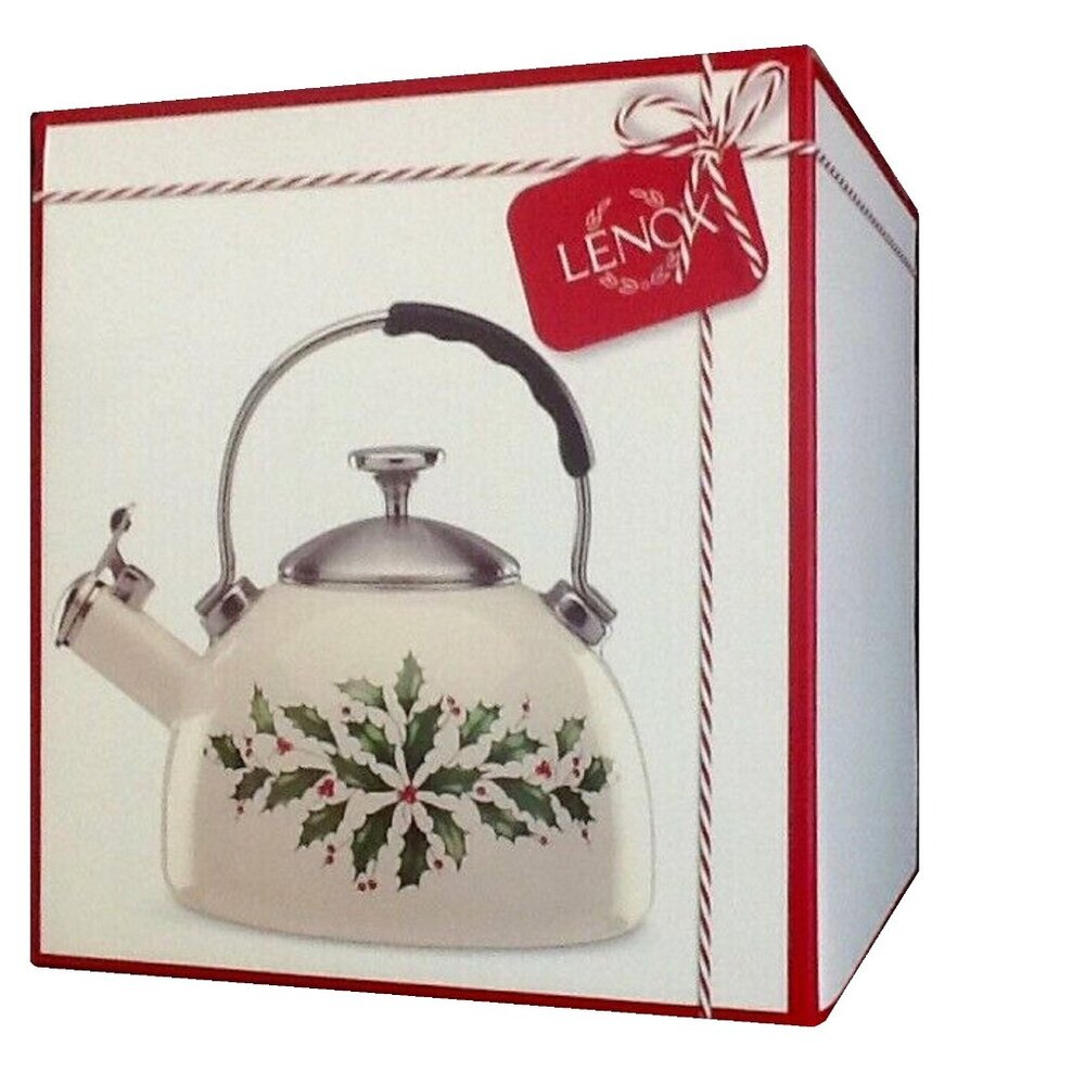 new in box Lenox Christmas Holiday Holly Leaves 2.5-Quart Whistling Tea Kettle